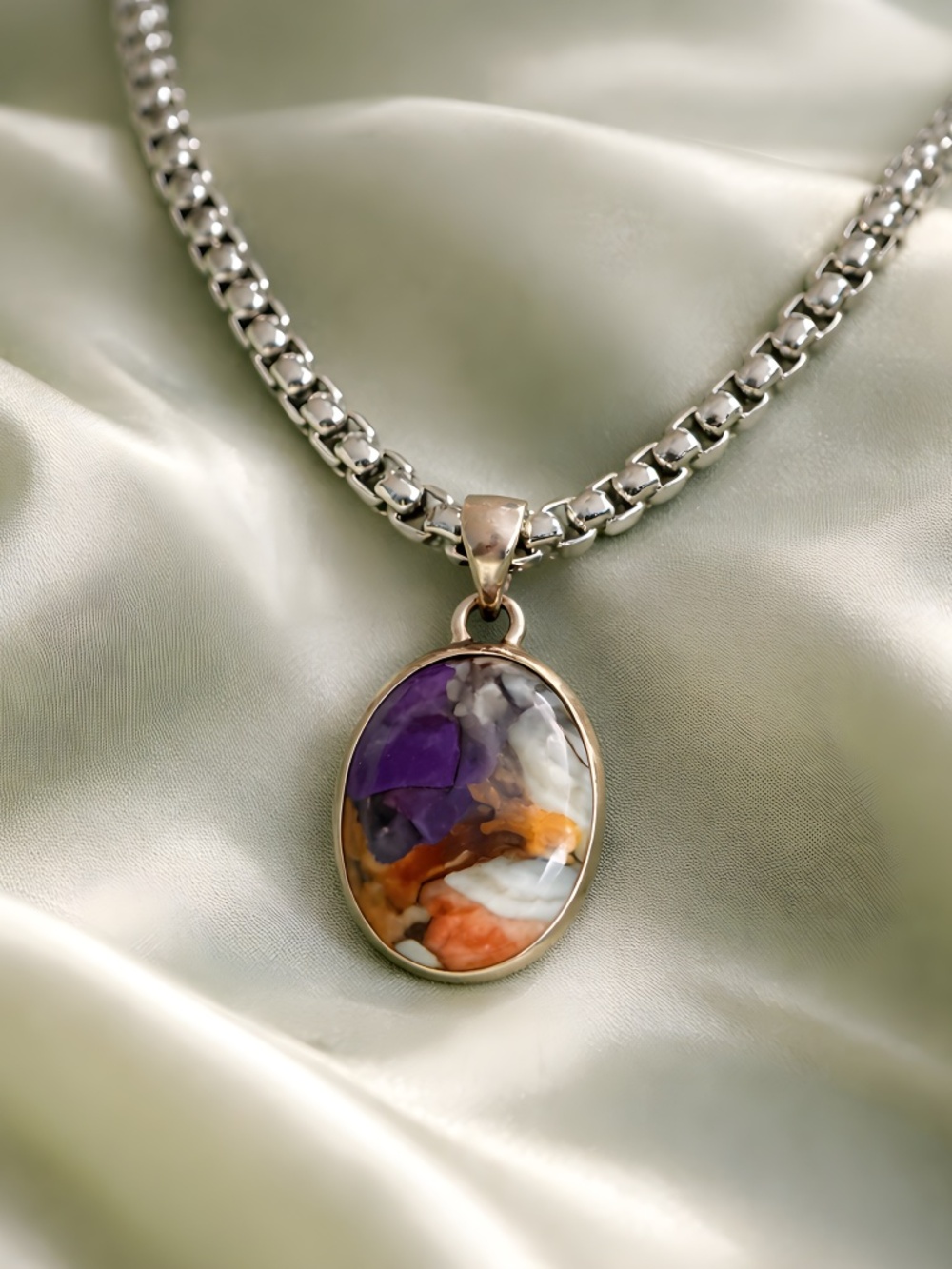 Vibrant Stone Pendant Necklace on Silver Chain